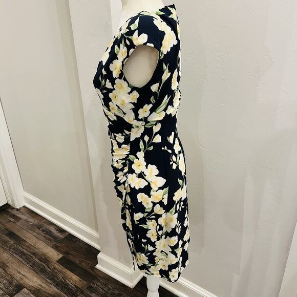 Lauren Ralph Lauren Dress Women 6 Navy Blue Yellow Floral V-Neck (A0132) - Picture 3 of 6